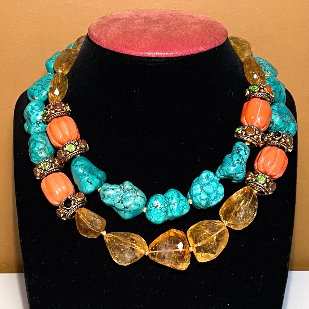 Bounkit Double-Strand Beaded Necklace with Turquoise Nuggets and Gemstones